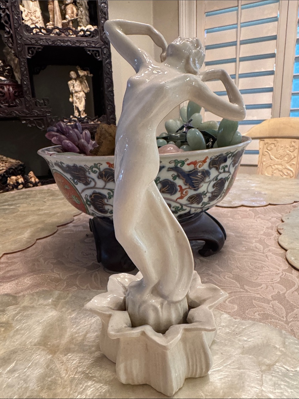 Art Deco ceramic figural flower frog titled "Awakening," by Cowan Pottery